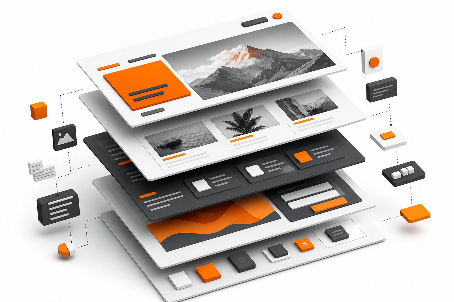 Explosionsdarstellung einer Website als taktile 3D-Schichten: Gestaltung, Bilder, Seiten und Funktionsbausteine werden sichtbar
