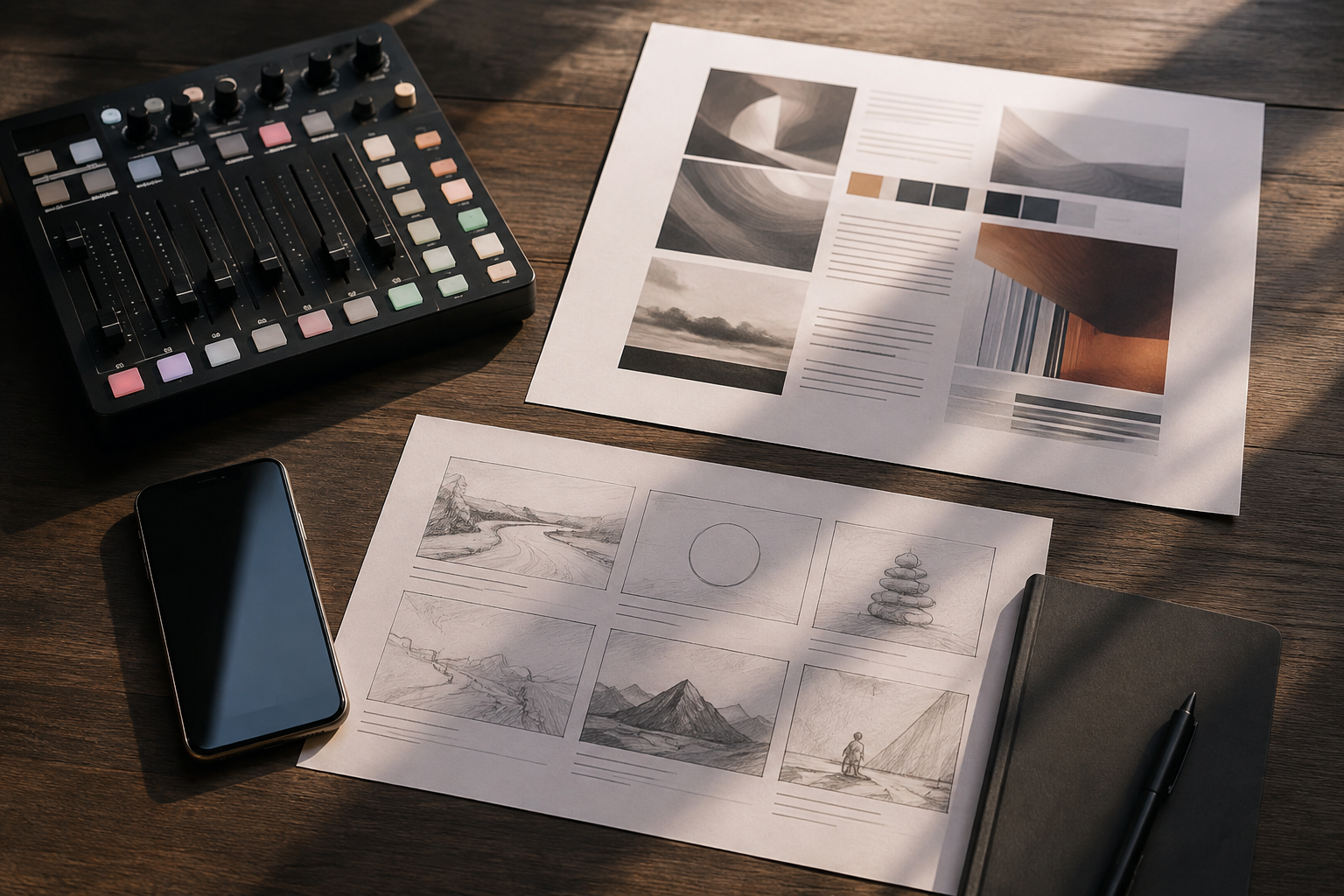 Konzeptionelles fotografisches Stillleben eines kreativen Arbeitstags: Audio-Controller, Smartphone, Website-Ausdruck und Video-Storyboard auf dunklem Holz