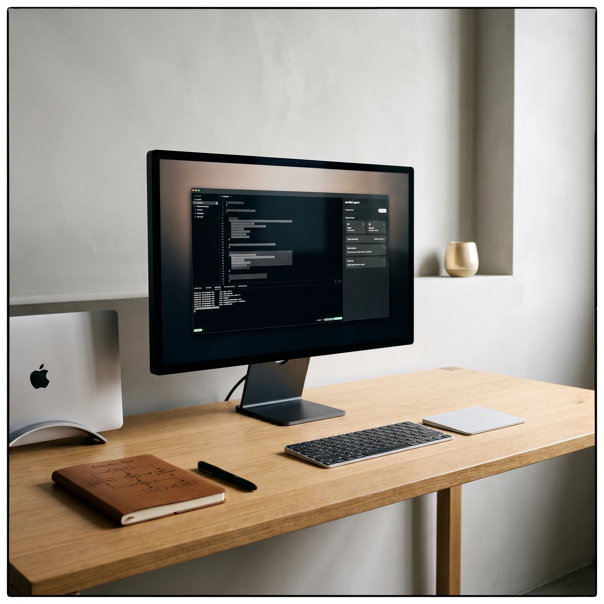 KI-Workflows — Designer-Studio: Apple Studio Display mit Terminal und Agent-Dashboard.